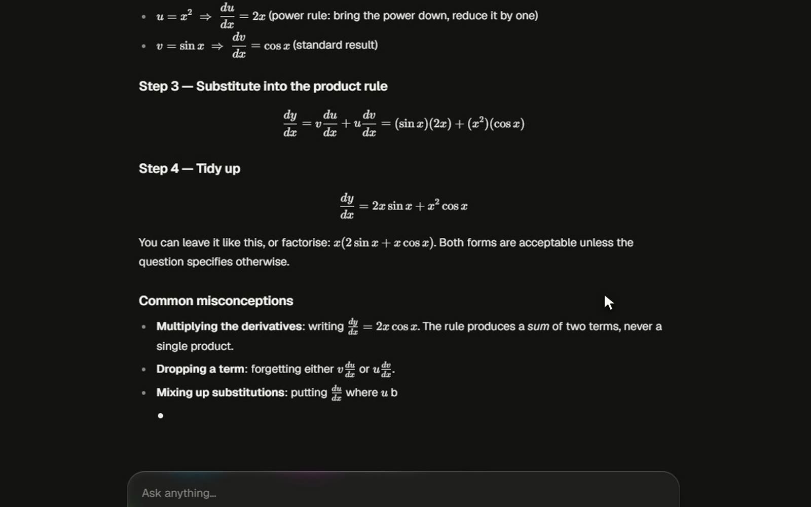 Quick Revision displaying a worked differentiation question